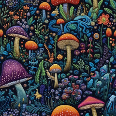 embroidery. abstract seamless pattern with mushrooms. Generative AI