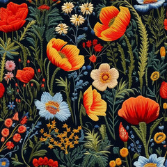 embroidery seamless pattern with wildflowers. Generative AI