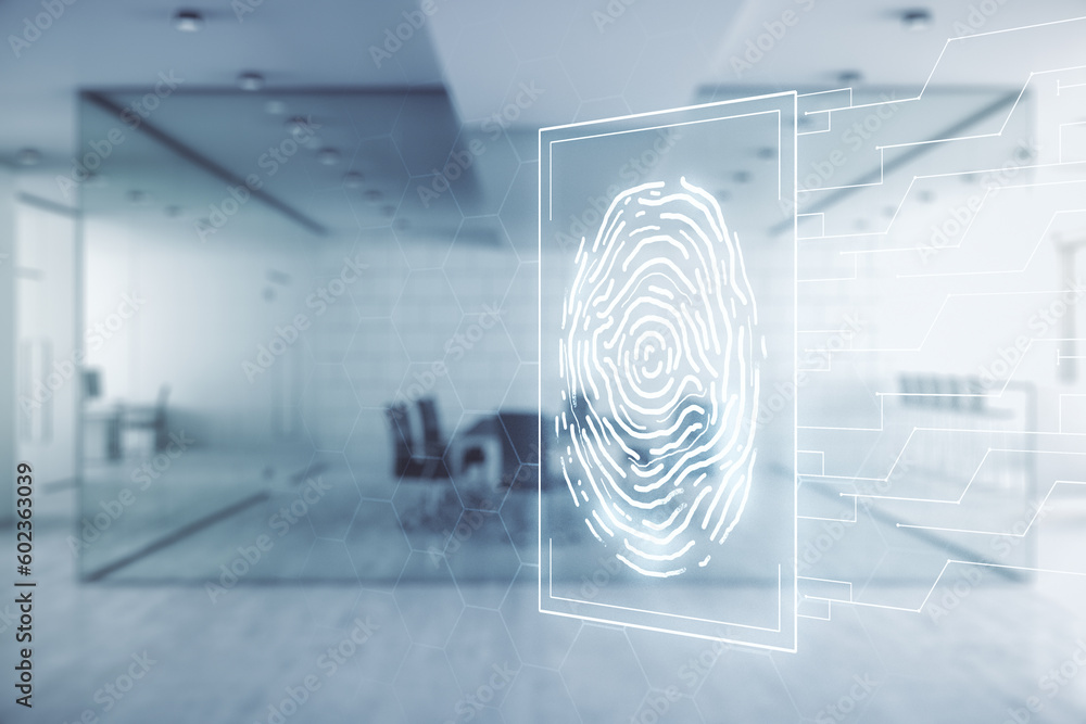 Aufkleber Abstract virtual fingerprint illustration on a modern furnished classroom background, personal biometric data concept. Multiexposure