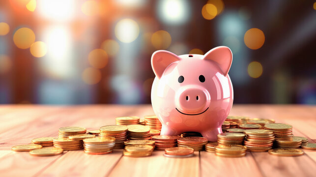 hucha de cerdito rosa encima de madera clara con monedas doradas y fondo con bokeh desenfocado.concepto de ahorro,ilustraci&oacute;n de ia generativa