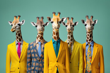  Cool giraffe boy band with colorful suit created with Generative AI technology