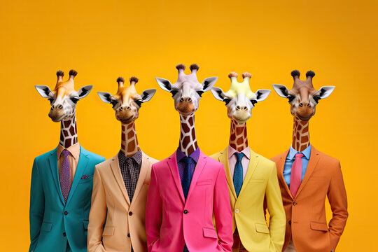 Cool giraffe boy band with colorful suit created with Generative AI technology