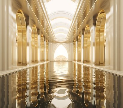 Un refugio de ensue&ntilde;o: Representaci&oacute;n 3D de un arco de entrada de piscina de lujo