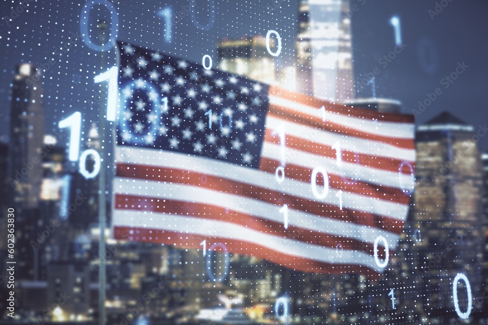 Aufkleber Double exposure of abstract virtual binary code hologram on USA flag and blurry skyscrapers background. Database and programming concept