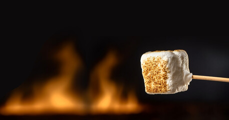 Banner Of Two Marshmallows On A Stick Roasting Over Campfire On Black Background - Camping Summer Fun Concept copy space