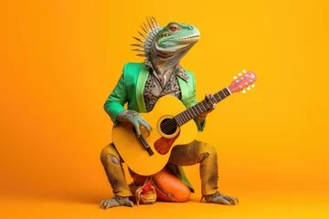 Foto op Canvas Cool iguana boy band with colorful suit holding guitar created with Generative AI technology © Poprock3d