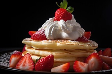 Pancakes with strawberries and whipped cream on a black background. - made with generative AI
