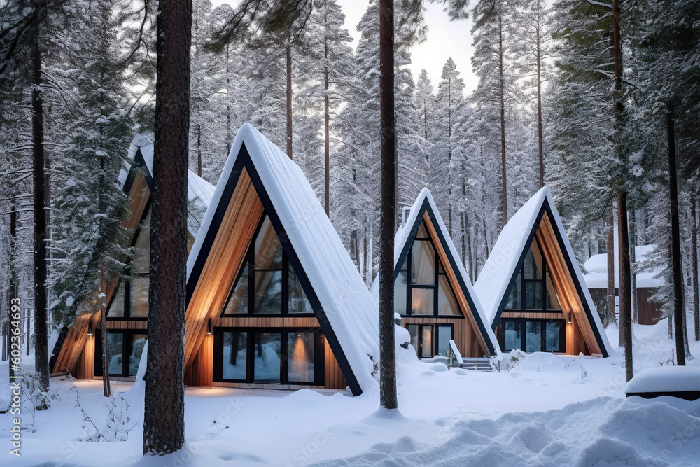 Poster a row of cabins in the woods with snow on the ground. generative ai.