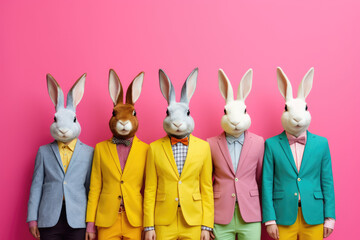 Cool rabbit boy band with colorful suit created with Generative AI technology