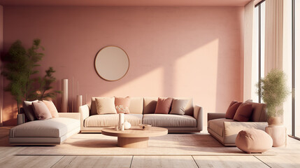 A living room with pink walls and furniture. Generative AI.