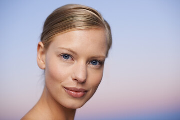 Woman in portrait, face and beauty with natural skincare, cosmetics and healthy skin mockup space...