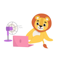 Cartoon animal is sitting on the floor with a laptop and a fan. Lion with ventilation equipment in hot weather. Vector graphic.