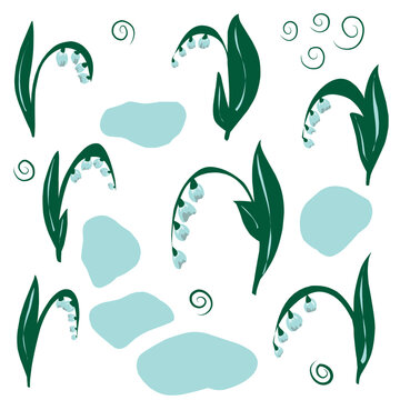 Lilies of the valley. Vector set, hand drawn illustrations in flat style. Careless drawings. Elements for design