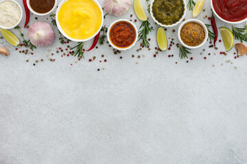 Obraz na płótnie Canvas Different types of sauces in bowls with seasonings, rosemary and pepper, thyme and garlic, lime and lemon, cilantro, top view, copy space