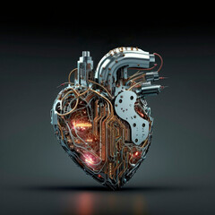 Fototapeta na wymiar Mechanical heart with electronic elements, future technology concept