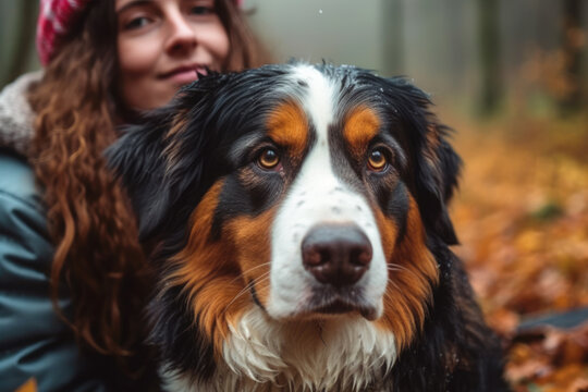 Close up of a woman hugging her dog bernese shepherd in a autumn forest