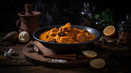 Chicken tikka masala with rice on dark rustic background - made with generative AI