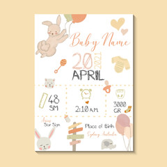 Baby birth poster. Vector illustration of soft colorful teddy bear, bunny, balloon, baby clothes, baby toys, height, weight, date of birth on white background. Illustration for kids bedroom.