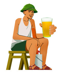 a 2D illustration of a man wearing a white tank top, shorts, a Sun-helmet (mũ cối) worn by Vietnamese soldiers, and holding a glass of Hanoi draft beer. He is also holding a traditional smoking pipe 