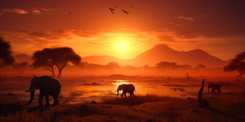 Three elephants near the dried river in Africa. Animals in the search of food and water at sunset. Generative AI.
