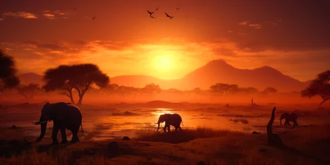 Foto op Canvas Three elephants near the dried river in Africa. Animals in the search of food and water at sunset. Generative AI. © Vadim