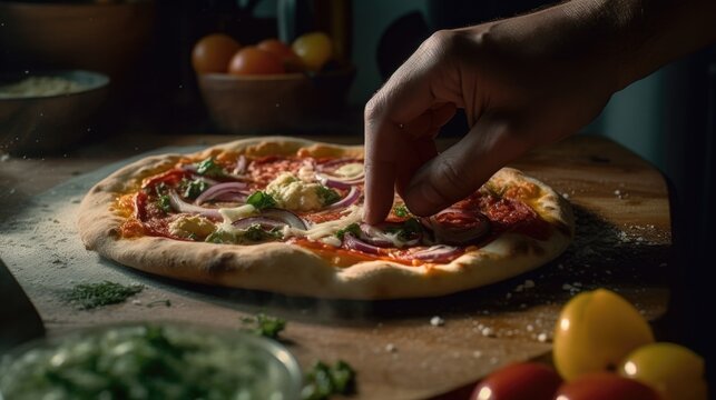 Close-up of female hand taking piece of pepperoni pizza. - made with generative AI