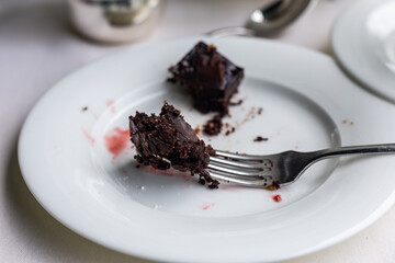 Chocolate cake with a fork on a plate