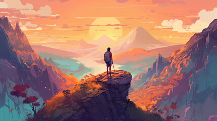 Fototapeta premium Conquering the Summit: Hiker's triumph on the peak of the Mountain, generative AI