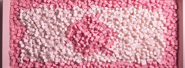 pink sprinkles with a pink square surrounded by pink mini marshmallows in the frame, generative ai