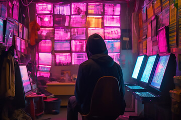 Obraz premium Hacker in front of screens - Generative AI