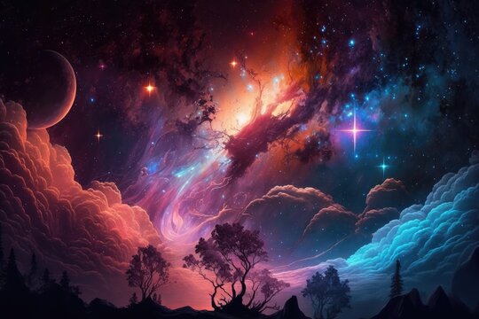 Beautiful celestial sky in dreamy fantasy with bright star in the sky over nature landscape Generative AI