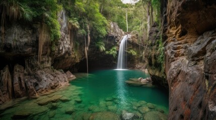 Fototapeta na wymiar beautiful waterfall lush green forest green water photograph