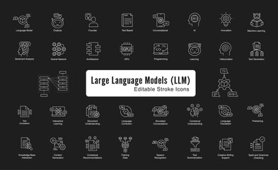 Large language model vector line icons. Various concepts like AI language model icon, Natural language processing icon, Machine learning icon, Deep learning icon, and Artificial intelligence icon.