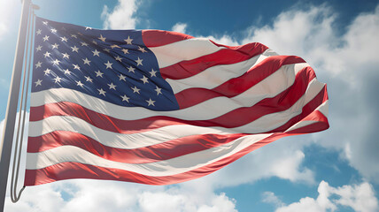 American flag waving on blue sky background, Generative AI.