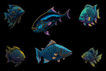 Fototapeta premium tuna swimming over salmon and small colorful fish on black background generative AI illustration