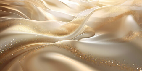 Beige silk glitter luxury fabric background, macro close up, copy space. Wave, textured. AI Generated