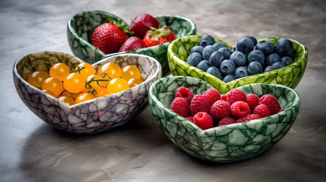 heart shaped bowls of fresh fruits and vegetables