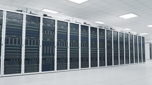 Supercomputer and Advanced Cloud Computing Concept. Inside Large Bright and Clean Working Data Center with Rows of White Server Cabinets. Artificial Intelligence Training Cluster. 