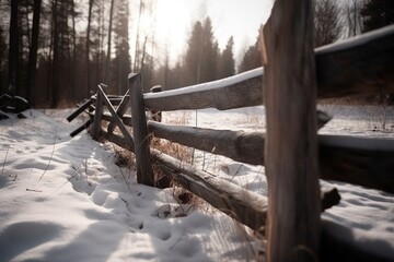 illustration, the passage between the fences in the village in winter, ai generative