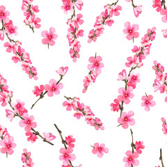 Watercolor pink flowers seamless pattern. Peach, sakura, cherry blossom background. Blooming garden tree branches tile. Wallpaper, fashion textile, fabric, wrapping paper, print