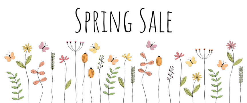 Spring Sale - Schriftzug in englischer Sprache - Frühlingsverkauf. Verkaufsbanner mit liebevoll gezeichneten Schmetterlingen und Blumen.