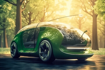Electric car concept in green environment concept. Green energy. Eco friendly. Generative AI