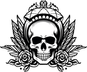 skull,rose and wings day of the dead icon in black and white