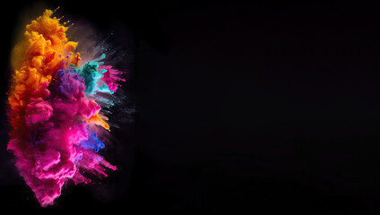 Colorful powder explosion isolated on black background. Abstract cloud of colored powder