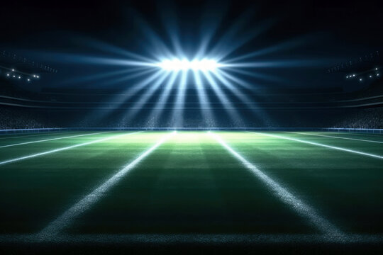 Empty grass field scene background with spotlights light. Night view of stadium light reflected on grass