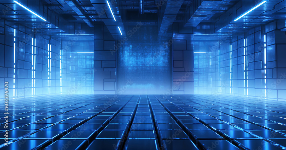 Poster background of an empty room with blue neon light. abstract technology background with lines and glow
