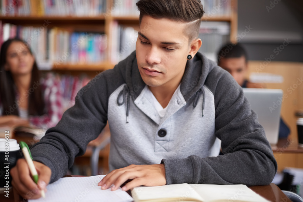 Poster study, writing and college with man in classroom for education, library research and quiz. focus, le