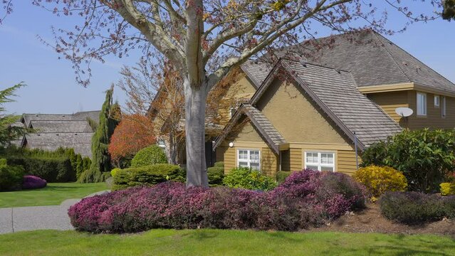 Establishing shot of two story stucco luxury house with garage door, big tree and nice spring blossom landscape in Vancouver, Canada, North America. Day time on Apr 2023. ProRes 422 HQ.
