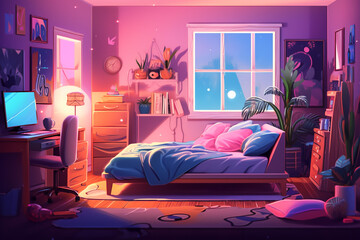 Y2k girl bedroom interior furniture cartoon vector illustration. Neon lamp, pink double bed, armchair and vinyl record indoor teenage room set. Girly clean home accessories with pillow and blanket