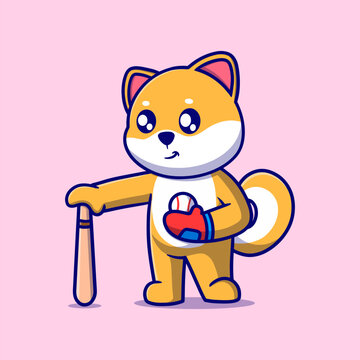Cute Shiba Inu Dog Baseball Cartoon Vector Icon Illustration. Animal Nature Icon Concept Isolated Premium Vector. Flat Cartoon Style